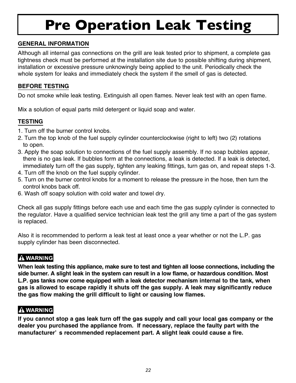 Pre operation leak testing | Sure Heat 2007 Amana SF27 User Manual | Page 22 / 31