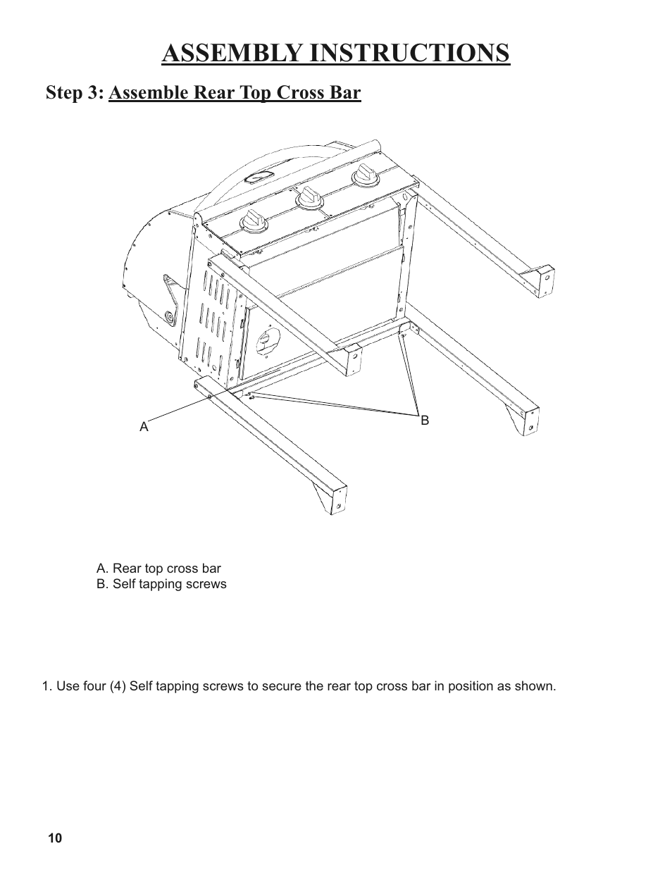 Assembly instructions, Step 3: assemble rear top cross bar | Sure Heat 2008 Amana AM26 User Manual | Page 10 / 38