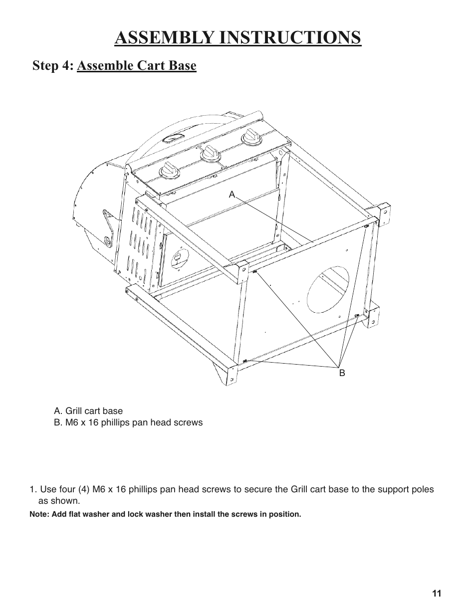 Assembly instructions, Step 4: assemble cart base | Sure Heat 2008 Amana AM26 User Manual | Page 11 / 38