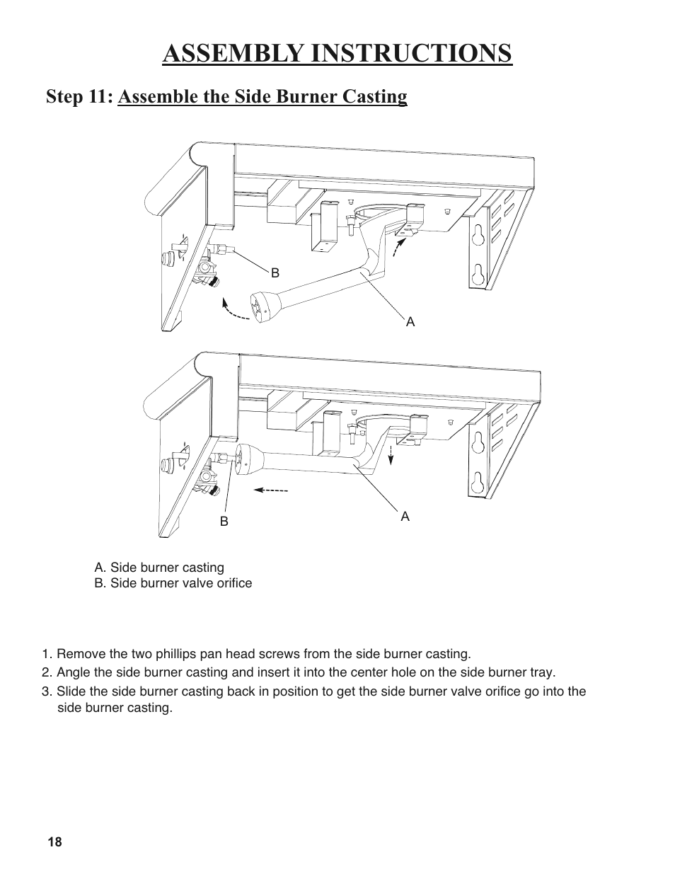 Assembly instructions, Step 11: assemble the side burner casting | Sure Heat 2008 Amana AM26 User Manual | Page 18 / 38