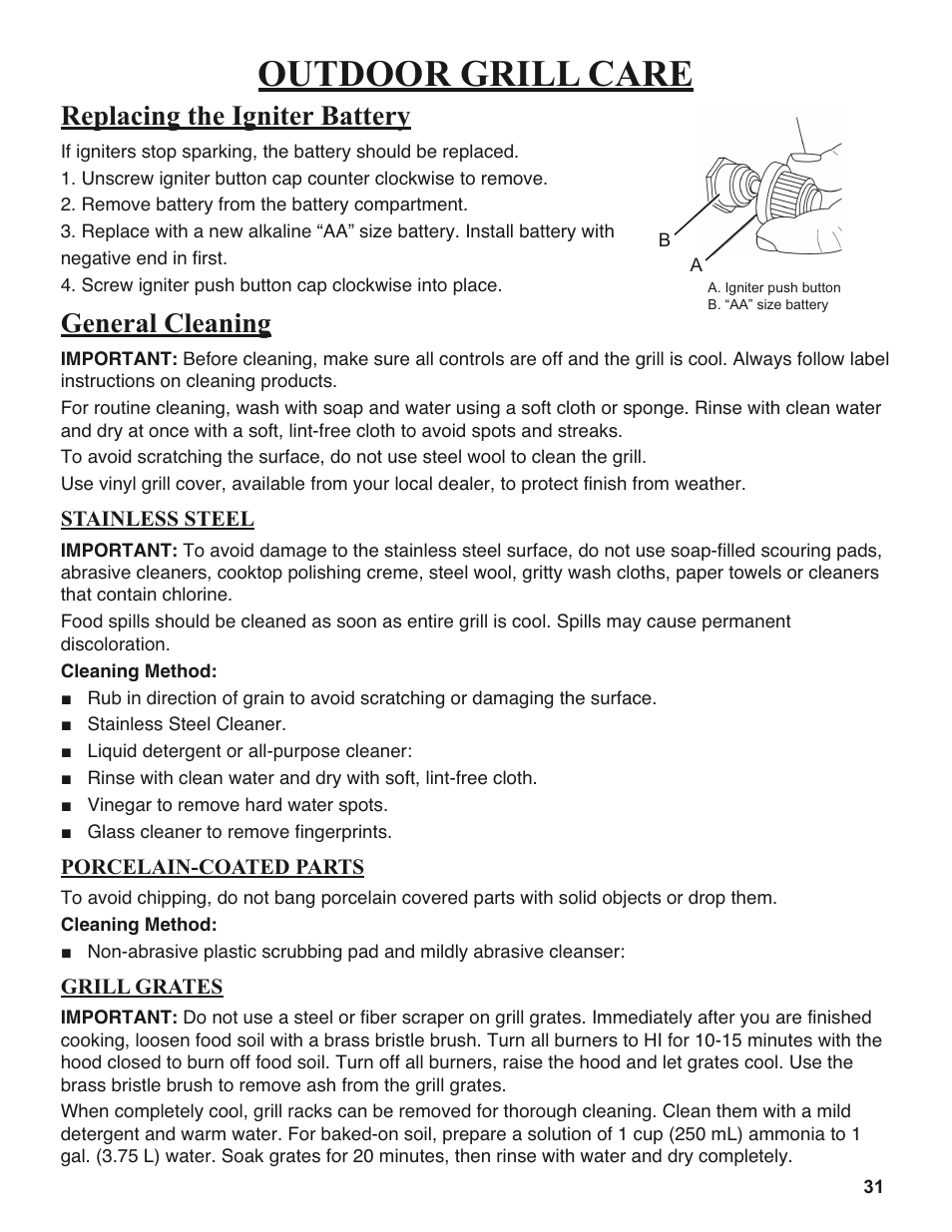 Outdoor grill care, Replacing the igniter battery, General cleaning | Sure Heat 2008 Amana AM26 User Manual | Page 31 / 38