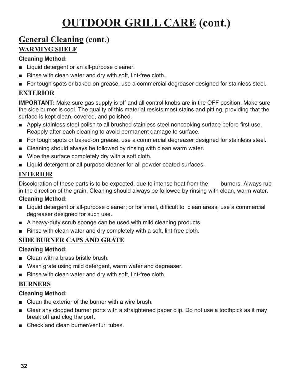 Outdoor grill care (cont.), General cleaning (cont.) | Sure Heat 2008 Amana AM26 User Manual | Page 32 / 38