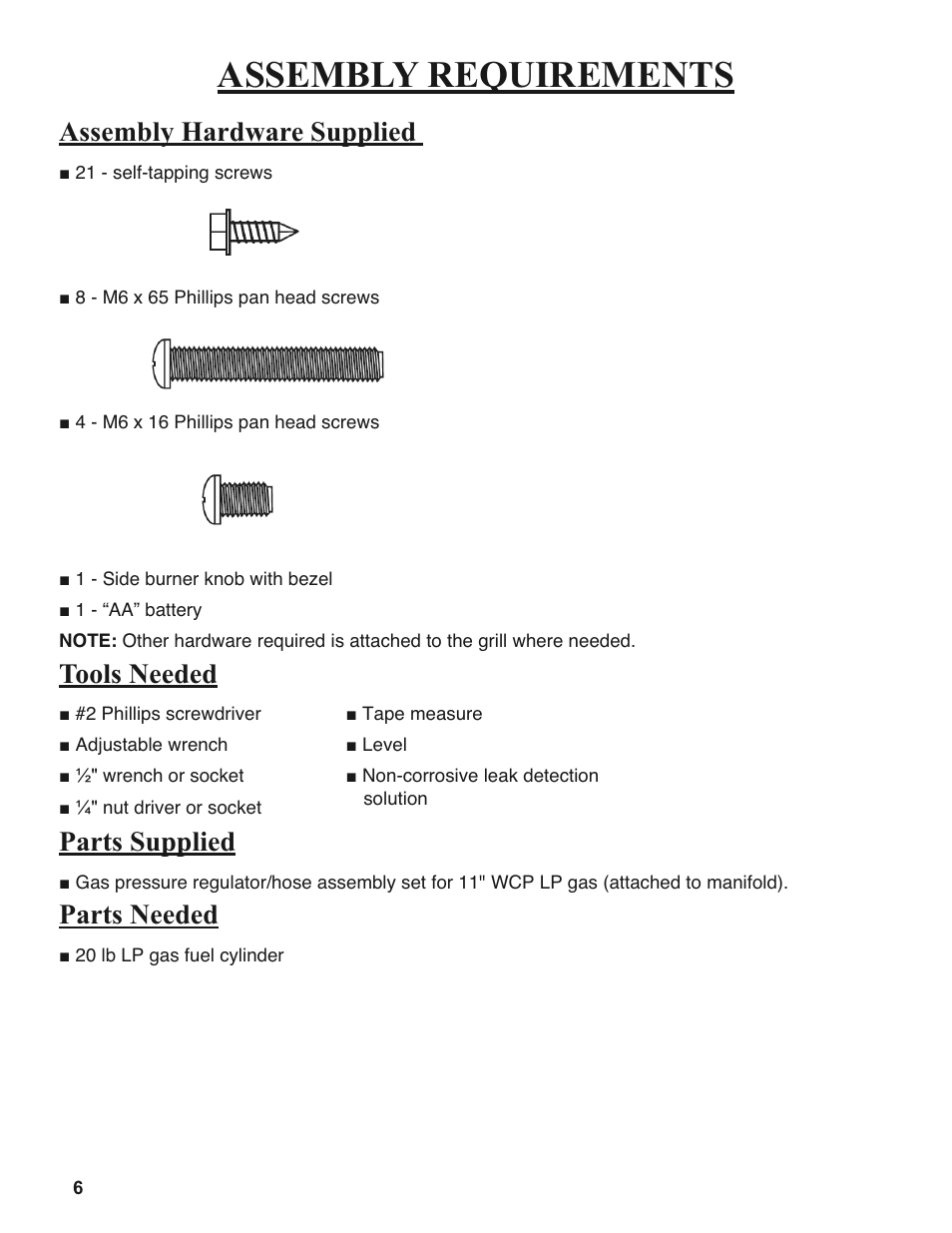 Assembly requirements, Assembly hardware supplied, Tools needed parts supplied | Parts needed | Sure Heat 2008 Amana AM26 User Manual | Page 6 / 38