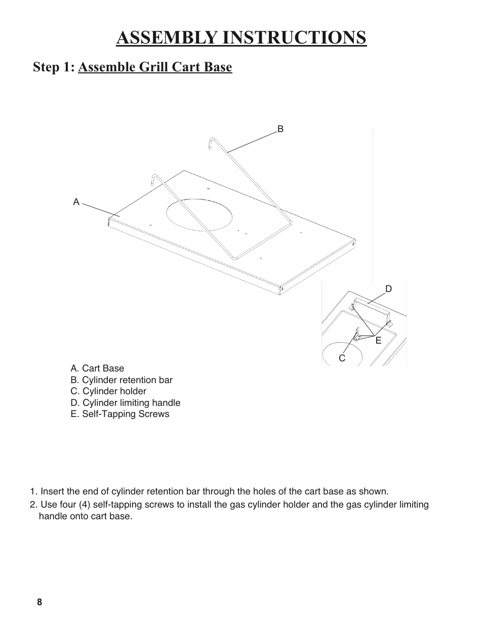 Assembly instructions, Step 1: assemble grill cart base | Sure Heat 2008 Amana AM26 User Manual | Page 8 / 38