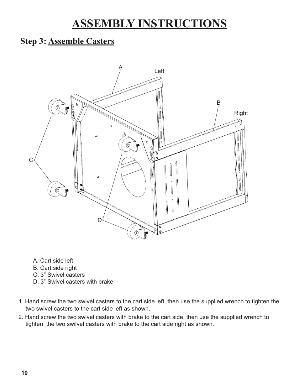 Assembly instructions, Step 3: assemble casters | Sure Heat 2008 Amana AM27 User Manual | Page 10 / 38