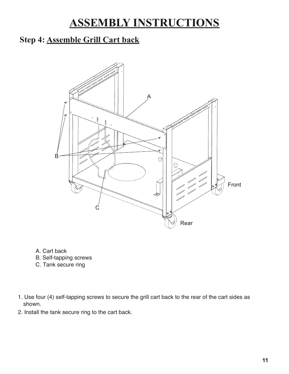 Assembly instructions, Step 4: assemble grill cart back | Sure Heat 2008 Amana AM27 User Manual | Page 11 / 38