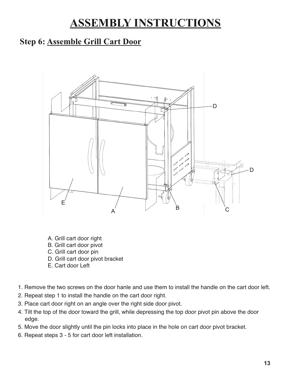 Assembly instructions, Step 6: assemble grill cart door | Sure Heat 2008 Amana AM27 User Manual | Page 13 / 38