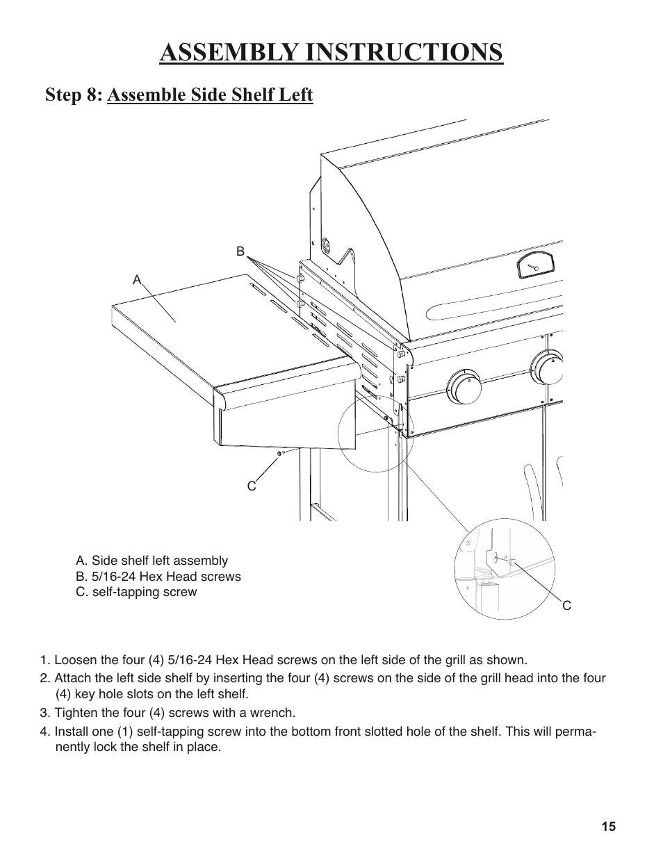 Assembly instructions, Step 8: assemble side shelf left | Sure Heat 2008 Amana AM27 User Manual | Page 15 / 38