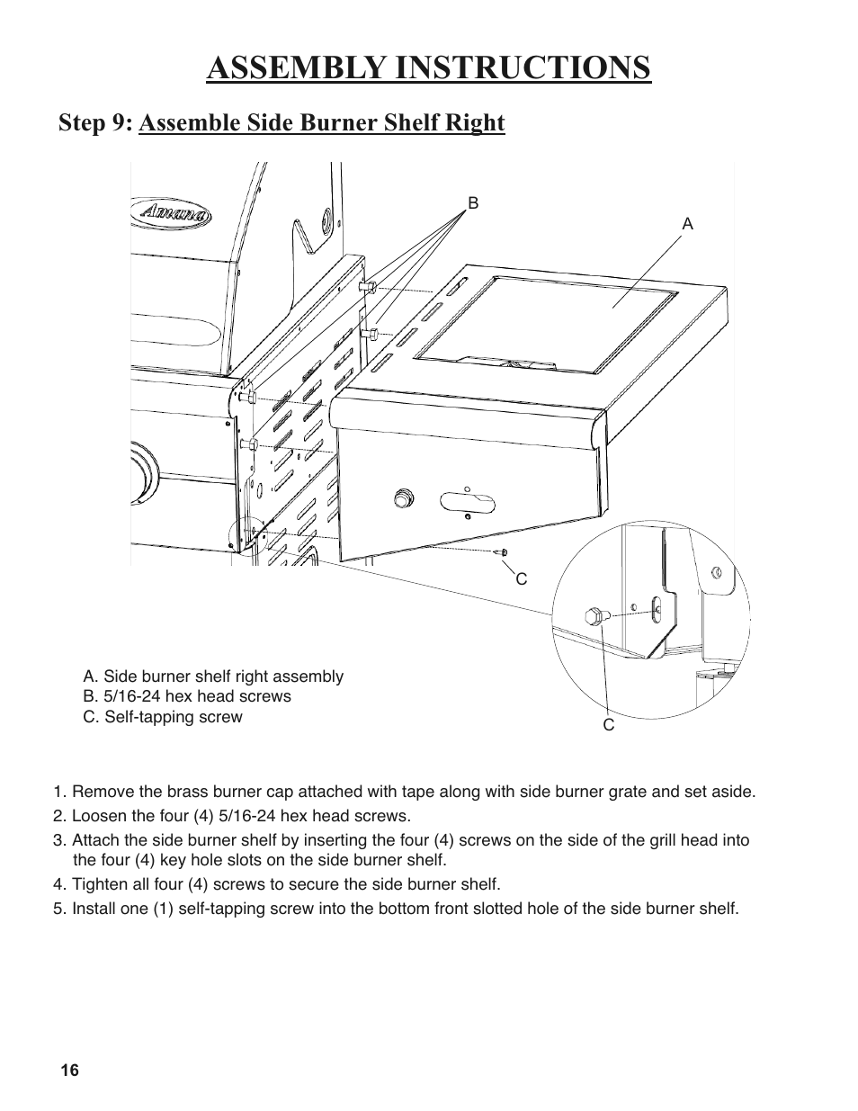 Assembly instructions, Step 9: assemble side burner shelf right | Sure Heat 2008 Amana AM27 User Manual | Page 16 / 38