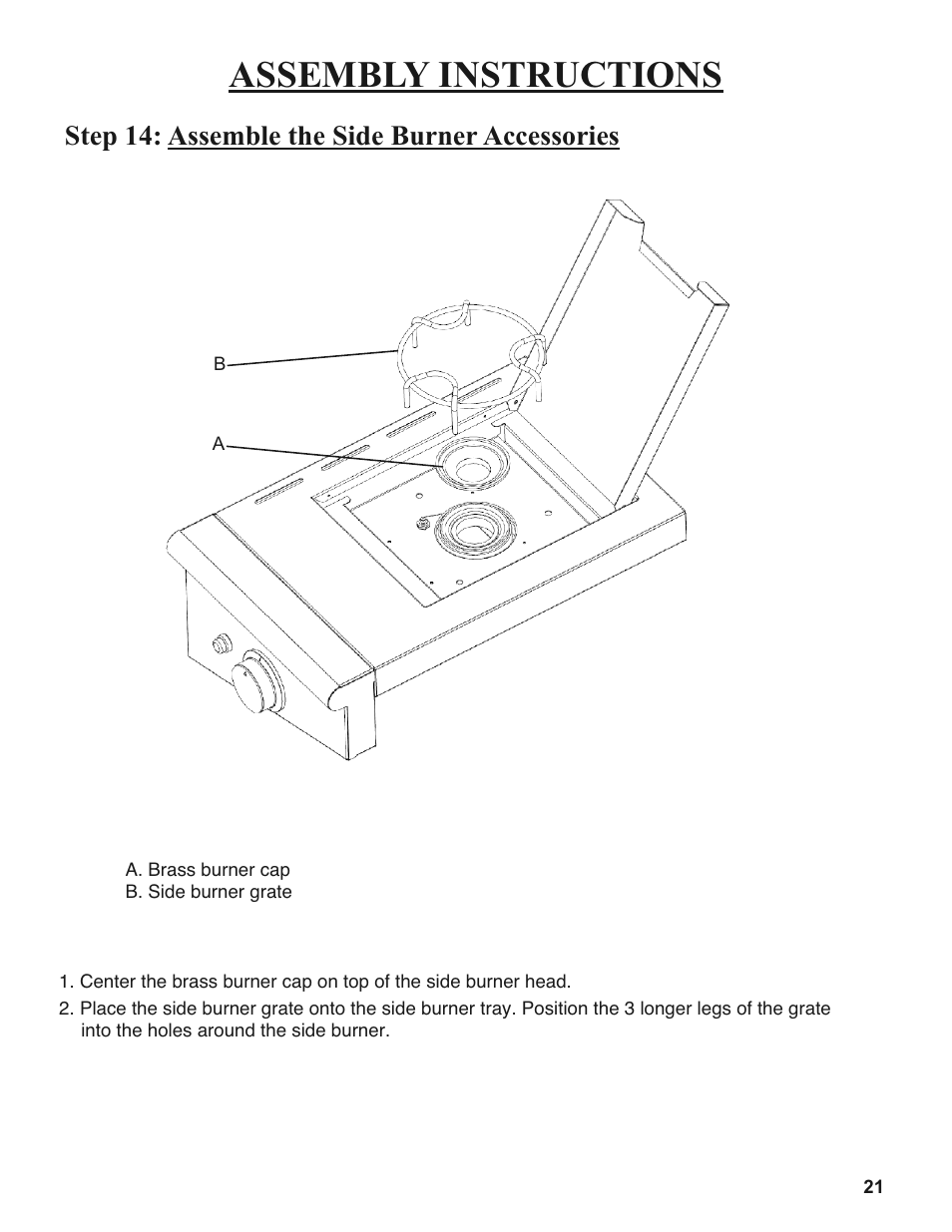 Assembly instructions, Step 14: assemble the side burner accessories | Sure Heat 2008 Amana AM27 User Manual | Page 21 / 38