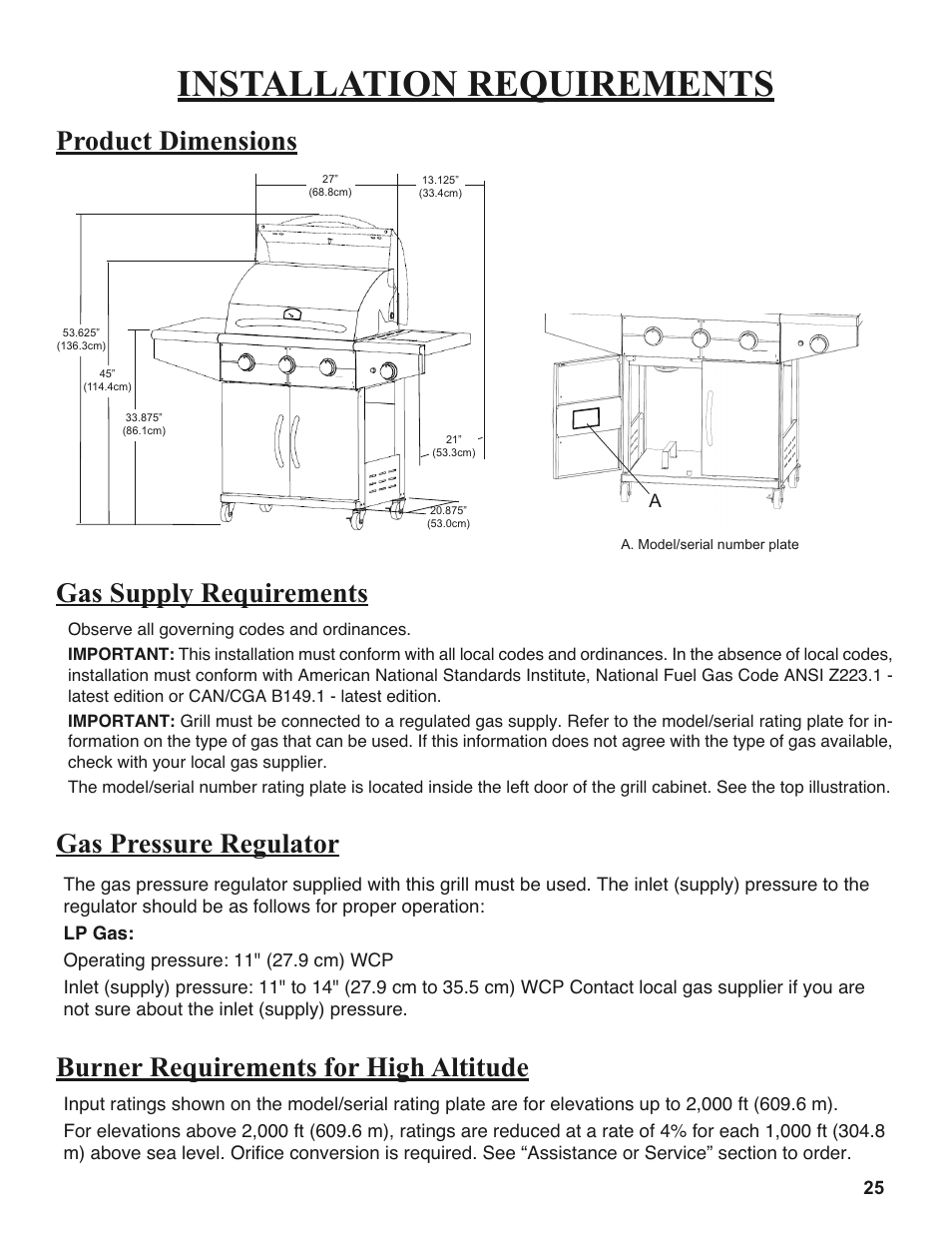 Installation requirements, Product dimensions, Gas pressure regulator | Gas supply requirements, Burner requirements for high altitude | Sure Heat 2008 Amana AM27 User Manual | Page 25 / 38