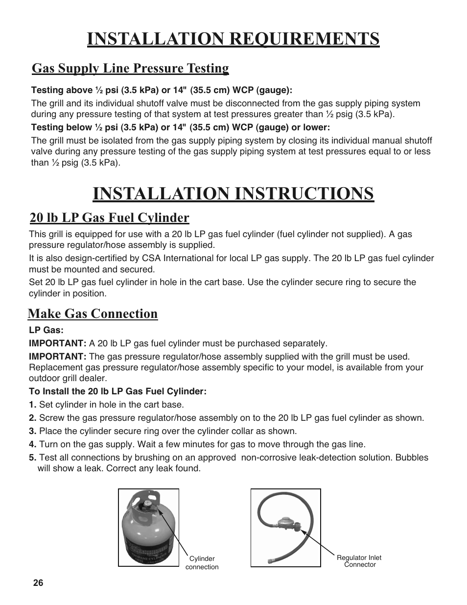 Installation instructions, Installation requirements, Gas supply line pressure testing | 20 lb lp gas fuel cylinder, Make gas connection | Sure Heat 2008 Amana AM27 User Manual | Page 26 / 38