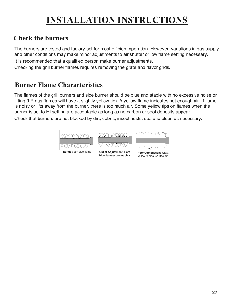 Installation instructions, Check the burners, Burner flame characteristics | Sure Heat 2008 Amana AM27 User Manual | Page 27 / 38