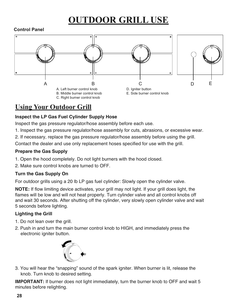 Outdoor grill use, Using your outdoor grill, Ab c e d | Sure Heat 2008 Amana AM27 User Manual | Page 28 / 38