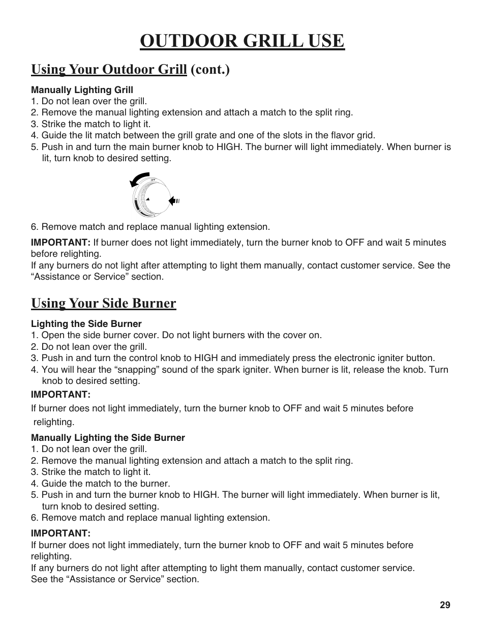 Outdoor grill use, Using your outdoor grill (cont.), Using your side burner | Sure Heat 2008 Amana AM27 User Manual | Page 29 / 38