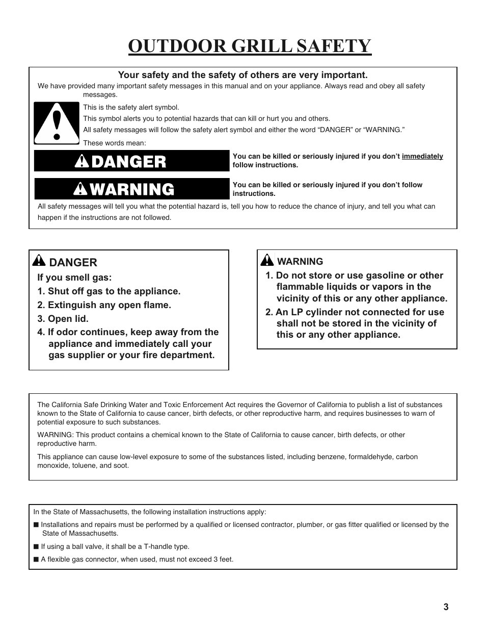 Outdoor grill safety, Danger | Sure Heat 2008 Amana AM27 User Manual | Page 3 / 38