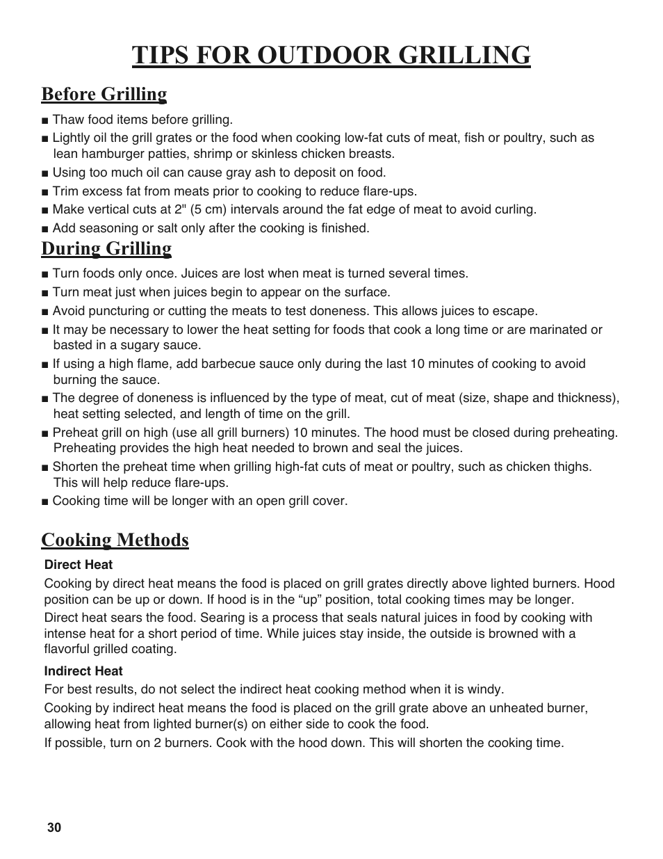 Tips for outdoor grilling, Before grilling, During grilling | Cooking methods | Sure Heat 2008 Amana AM27 User Manual | Page 30 / 38