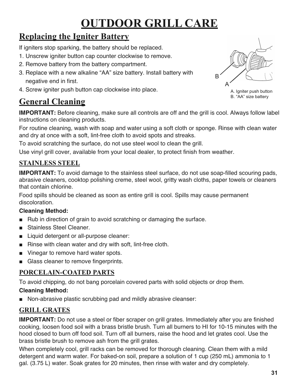 Outdoor grill care, Replacing the igniter battery, General cleaning | Sure Heat 2008 Amana AM27 User Manual | Page 31 / 38