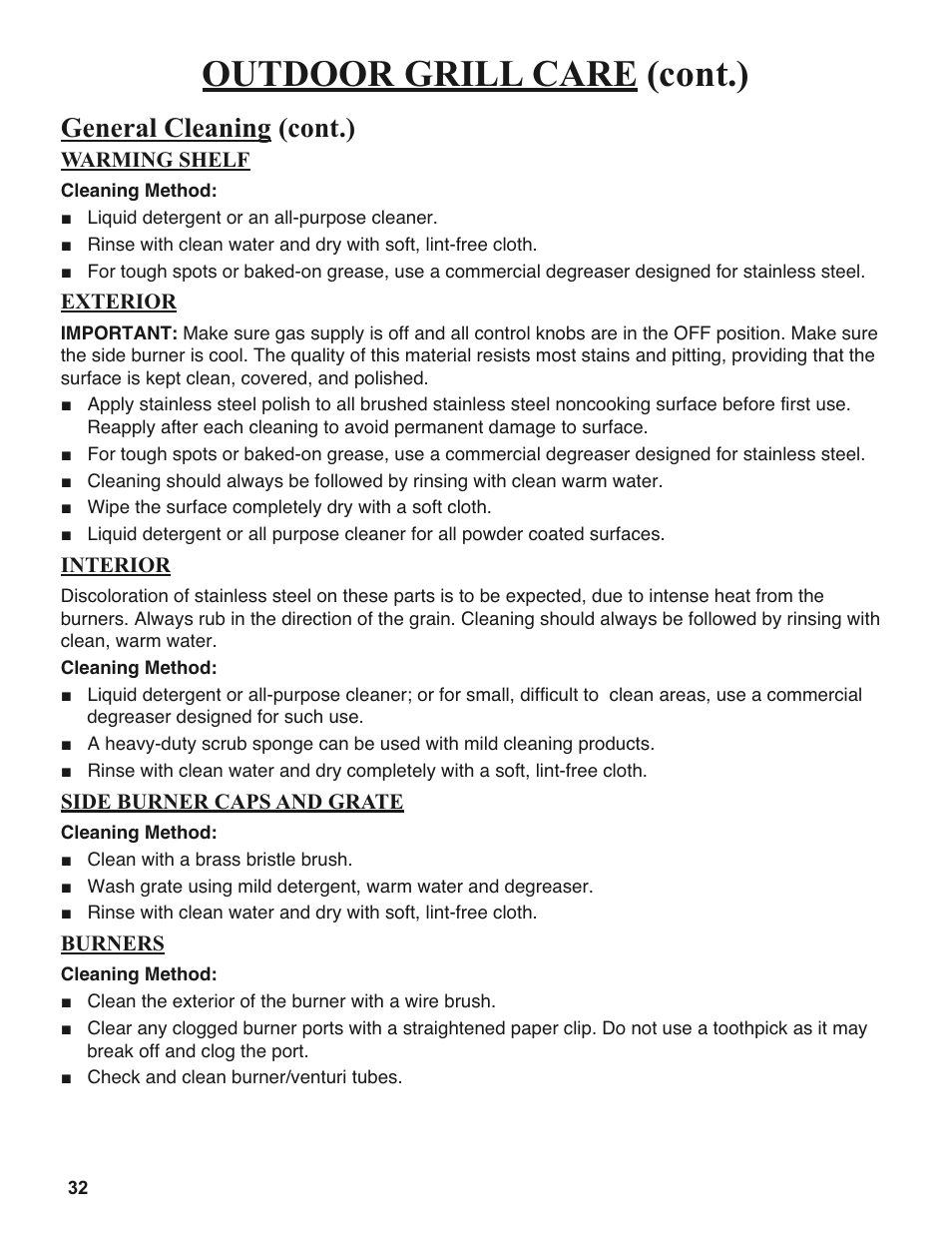 Outdoor grill care (cont.), General cleaning (cont.) | Sure Heat 2008 Amana AM27 User Manual | Page 32 / 38