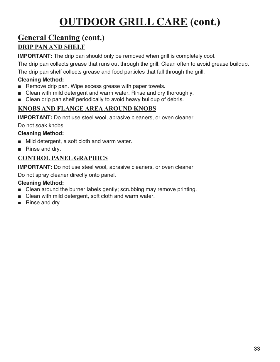 Outdoor grill care (cont.), General cleaning (cont.) | Sure Heat 2008 Amana AM27 User Manual | Page 33 / 38