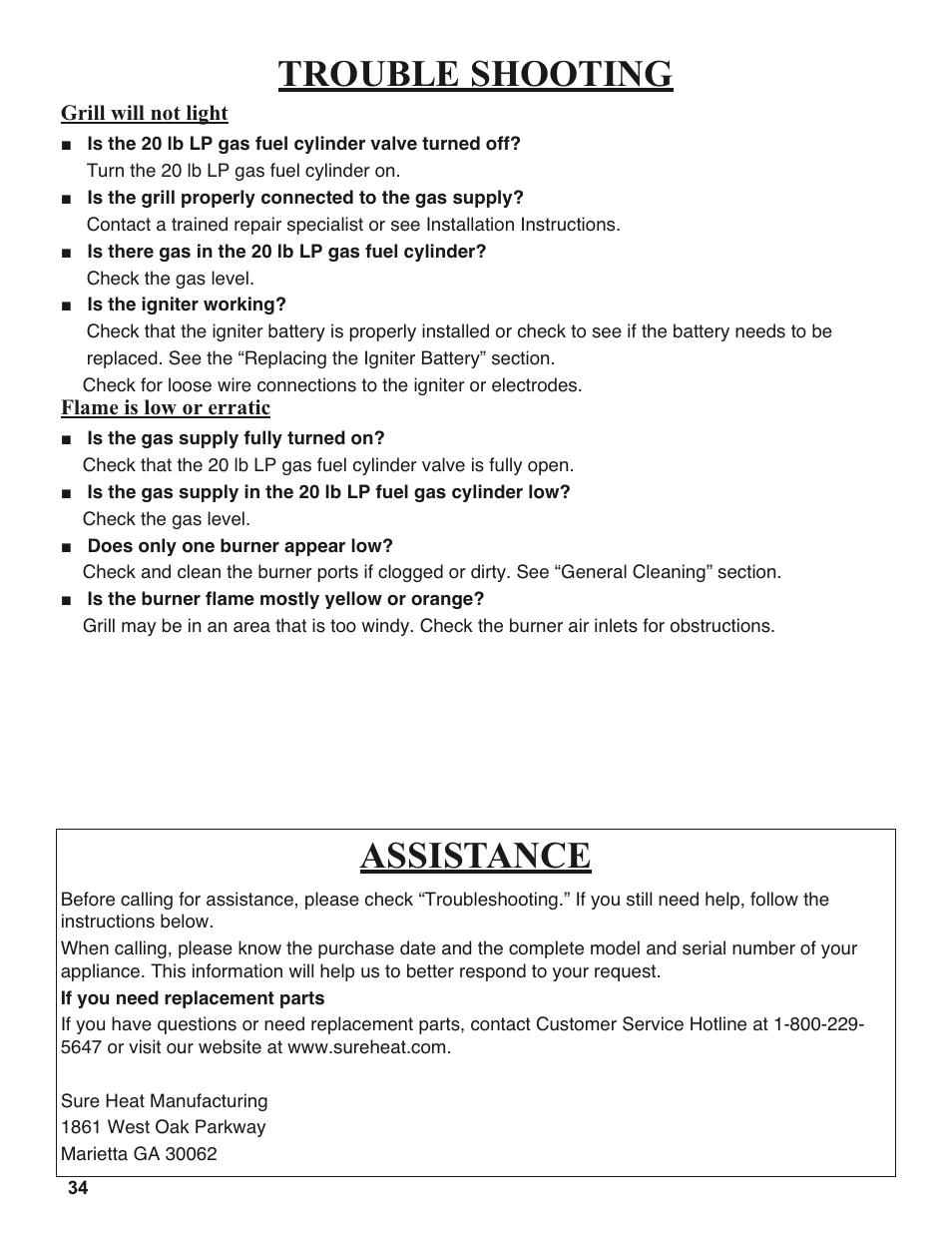 Trouble shooting, Assistance | Sure Heat 2008 Amana AM27 User Manual | Page 34 / 38