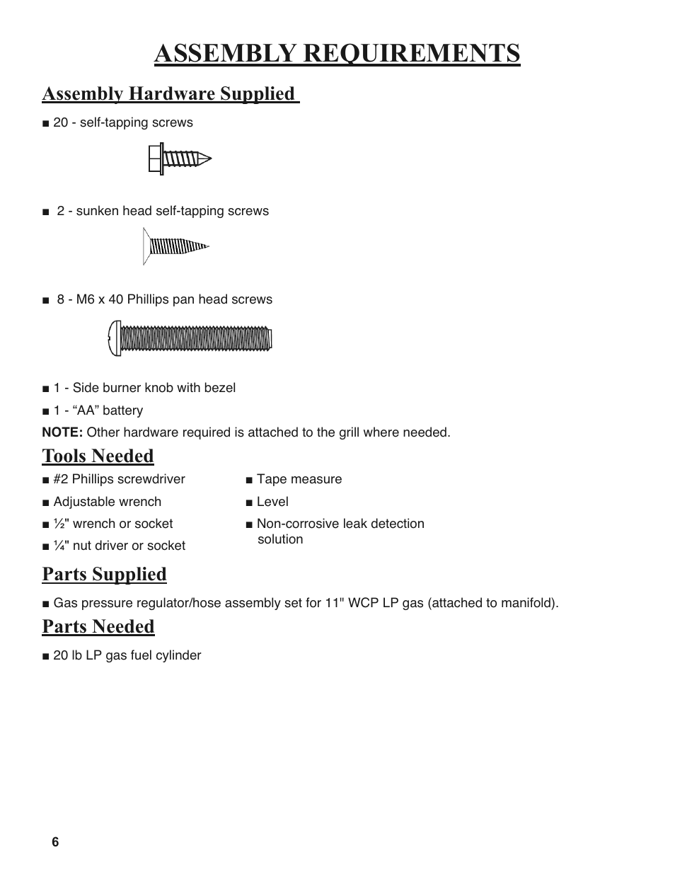 Assembly requirements, Assembly hardware supplied, Tools needed parts supplied | Parts needed | Sure Heat 2008 Amana AM27 User Manual | Page 6 / 38