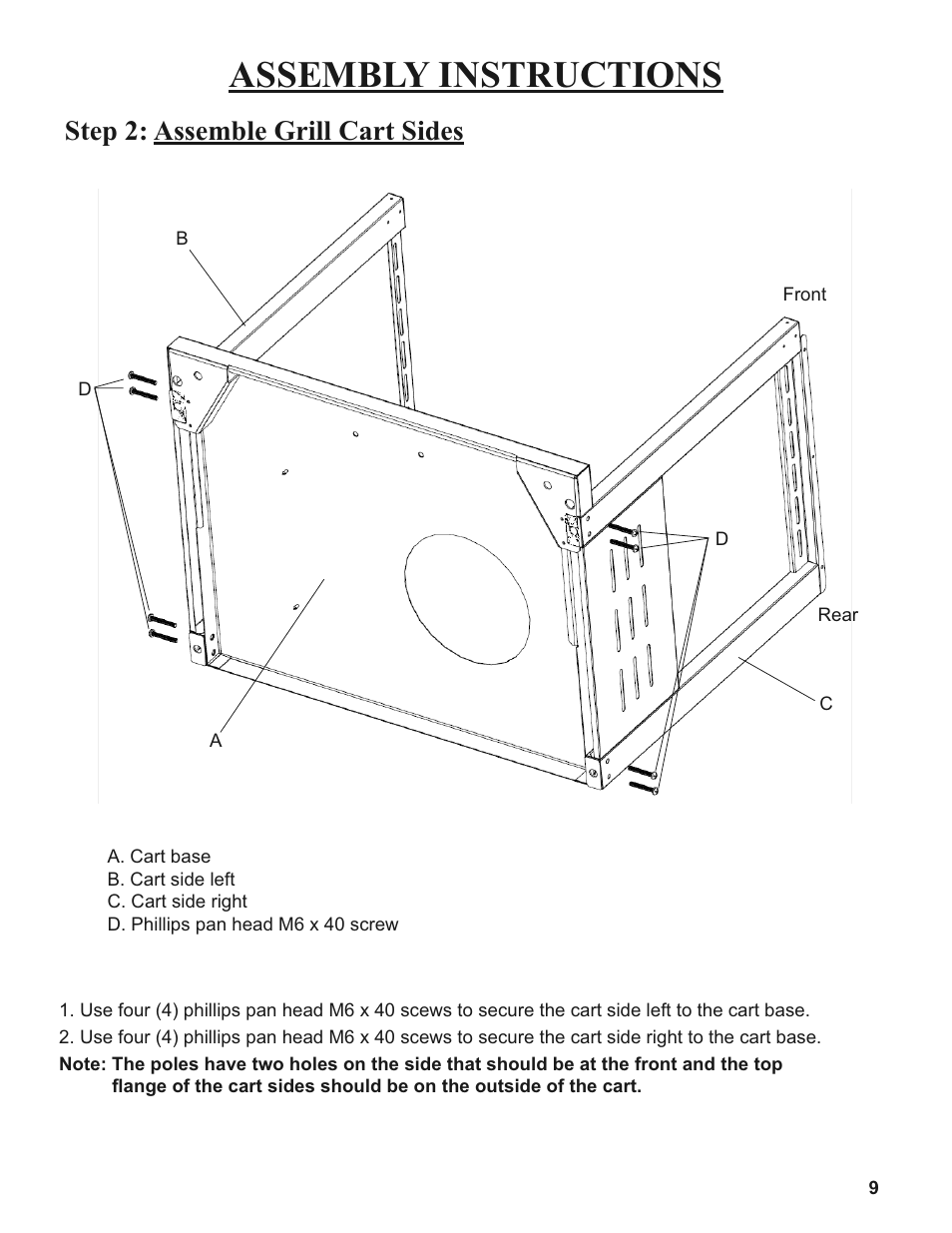 Assembly instructions, Step 2: assemble grill cart sides | Sure Heat 2008 Amana AM27 User Manual | Page 9 / 38