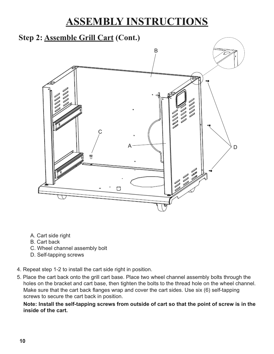 Assembly instructions, Step 2: assemble grill cart (cont.) | Sure Heat 2008 Amana AM30 User Manual | Page 10 / 40