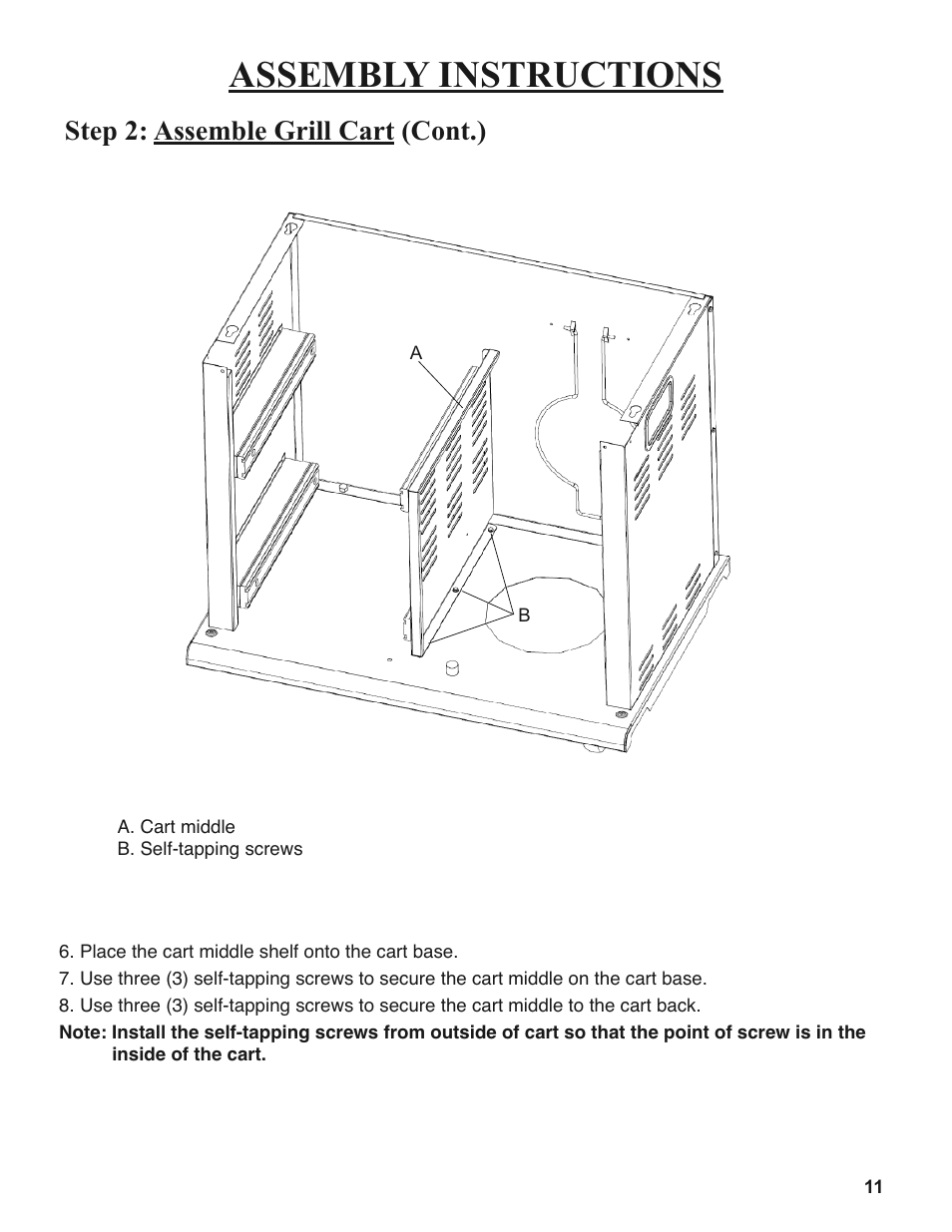 Assembly instructions, Step 2: assemble grill cart (cont.) | Sure Heat 2008 Amana AM30 User Manual | Page 11 / 40