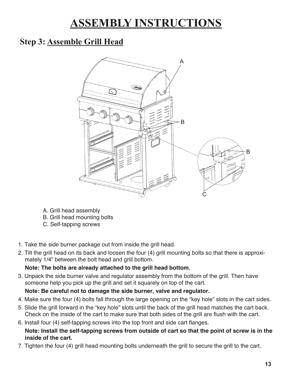 Assembly instructions, Step 3: assemble grill head | Sure Heat 2008 Amana AM30 User Manual | Page 13 / 40