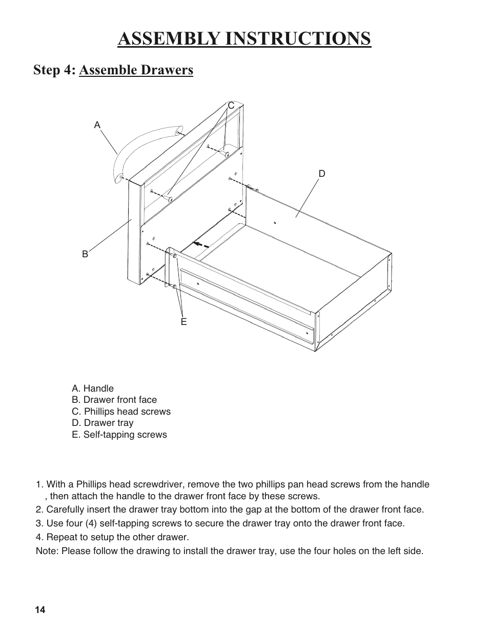 Assembly instructions, Step 4: assemble drawers | Sure Heat 2008 Amana AM30 User Manual | Page 14 / 40
