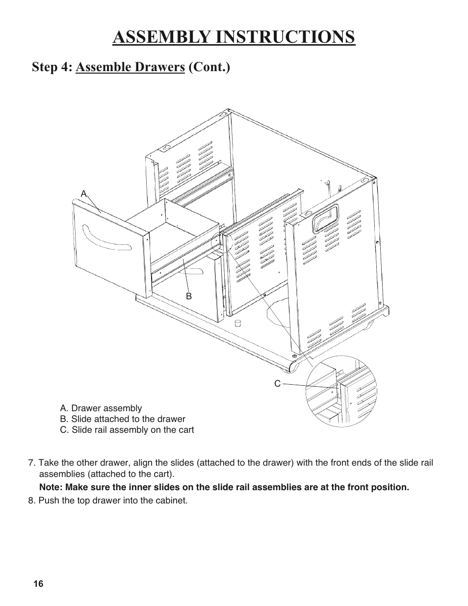 Assembly instructions, Step 4: assemble drawers (cont.) | Sure Heat 2008 Amana AM30 User Manual | Page 16 / 40