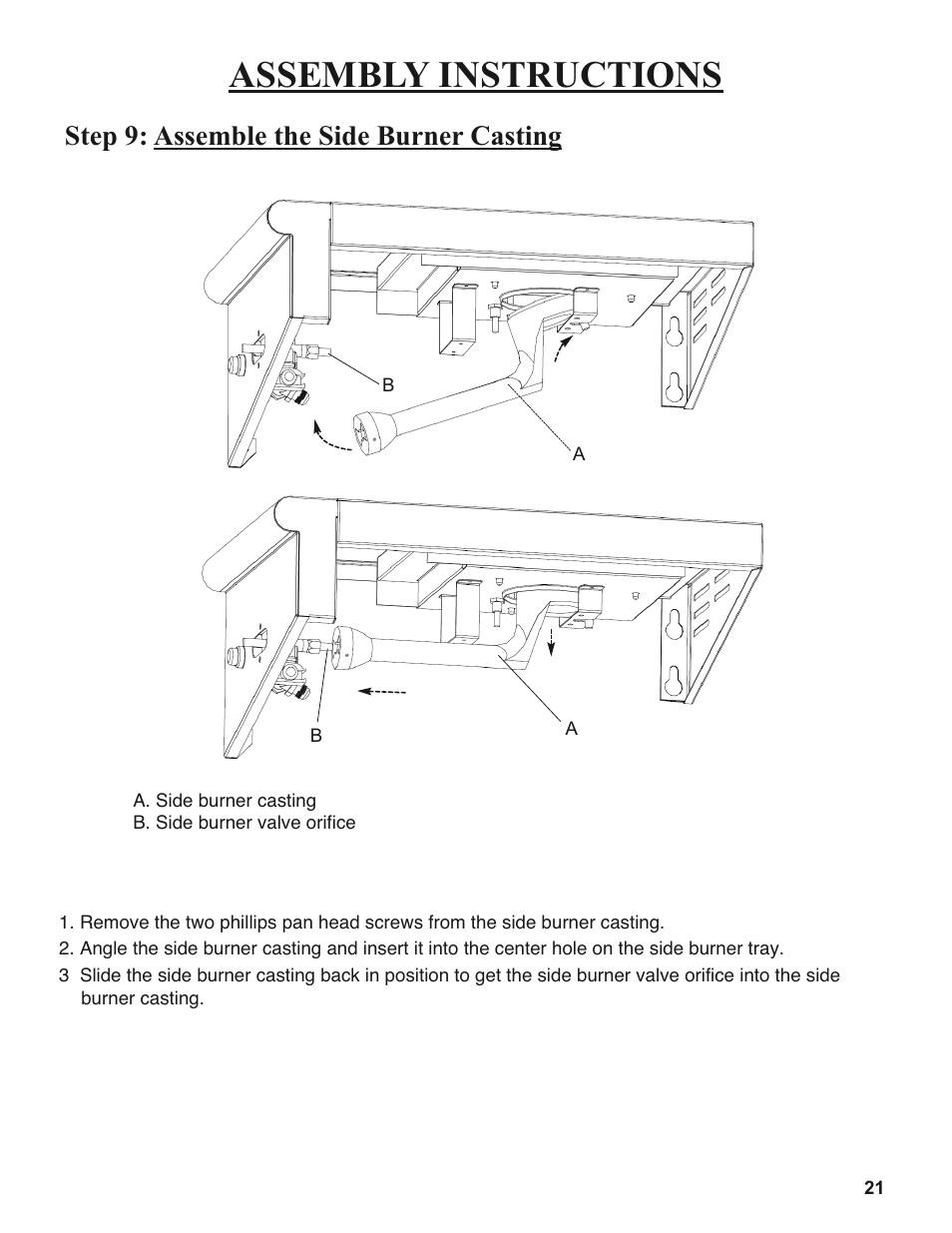 Assembly instructions, Step 9: assemble the side burner casting | Sure Heat 2008 Amana AM30 User Manual | Page 21 / 40