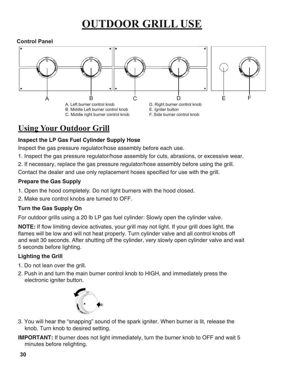 Outdoor grill use, Using your outdoor grill, Control panel | Ab c e d | Sure Heat 2008 Amana AM30 User Manual | Page 30 / 40