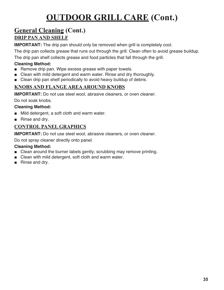 Outdoor grill care (cont.), General cleaning (cont.) | Sure Heat 2008 Amana AM30 User Manual | Page 35 / 40