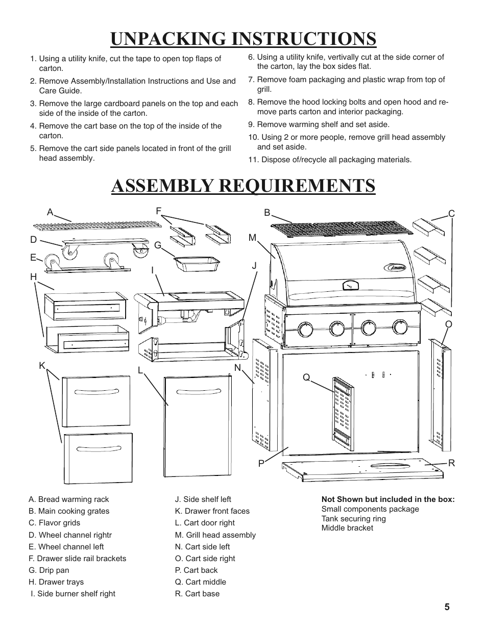 Unpacking instructions, Assembly requirements | Sure Heat 2008 Amana AM30 User Manual | Page 5 / 40