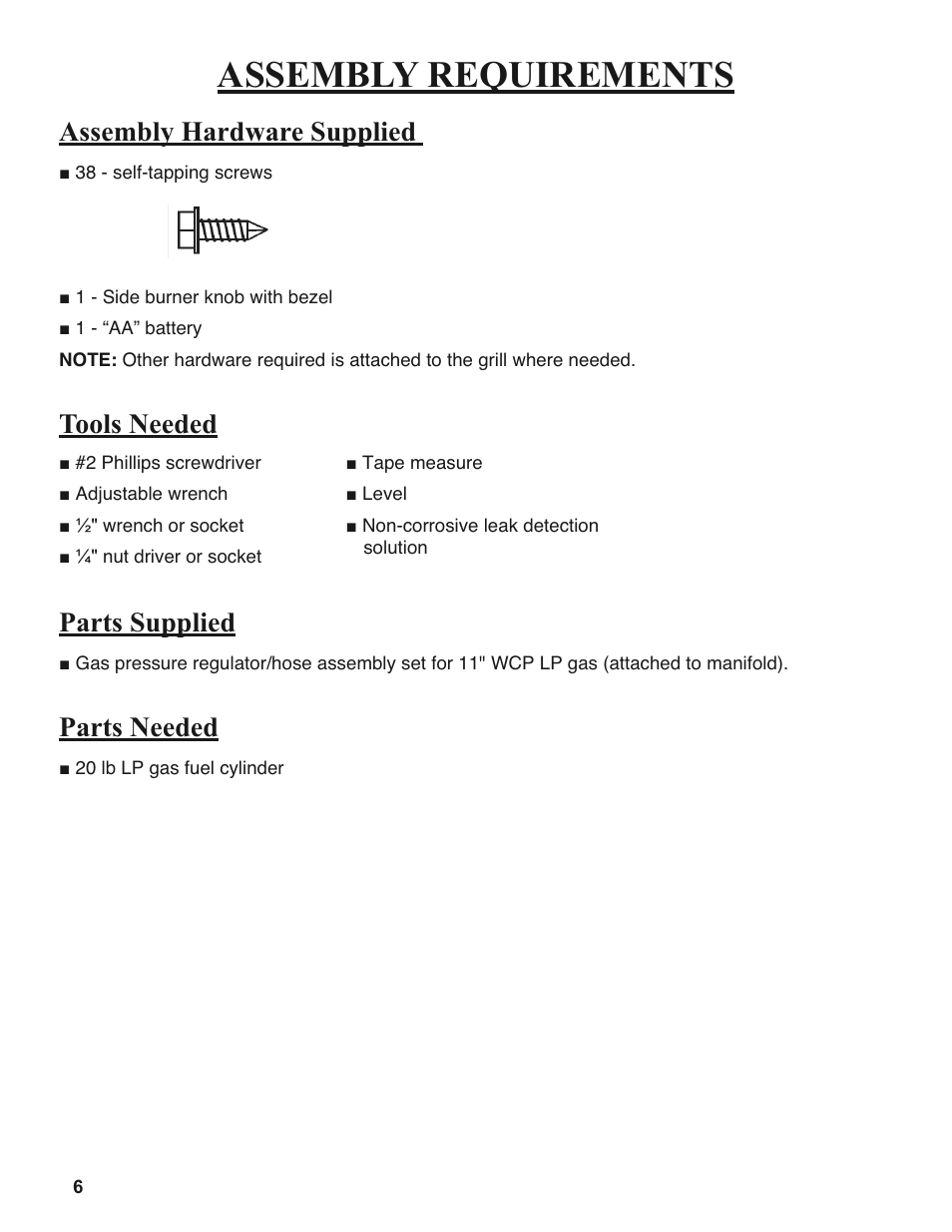Assembly requirements, Assembly hardware supplied, Tools needed parts supplied | Parts needed | Sure Heat 2008 Amana AM30 User Manual | Page 6 / 40