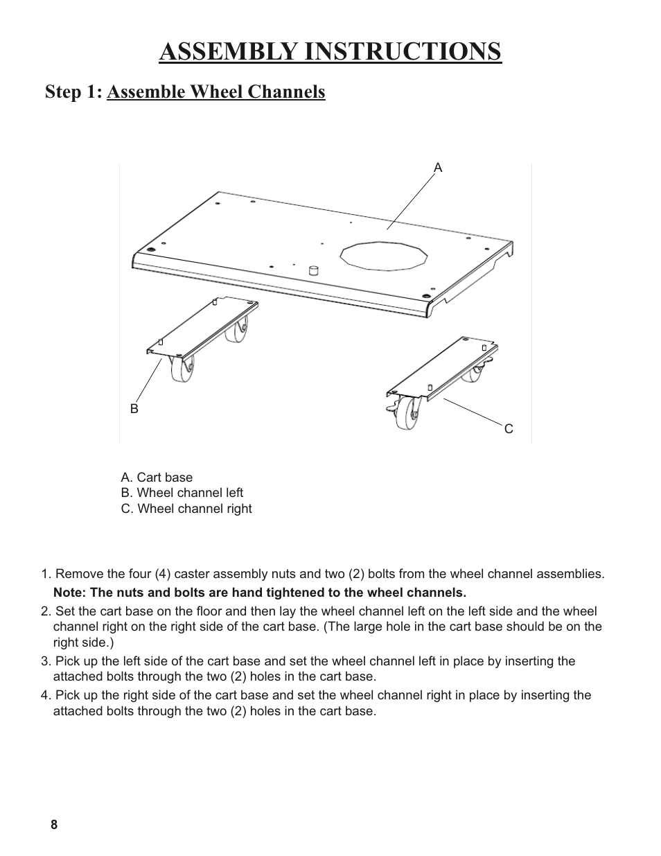 Assembly instructions, Step 1: assemble wheel channels | Sure Heat 2008 Amana AM30 User Manual | Page 8 / 40