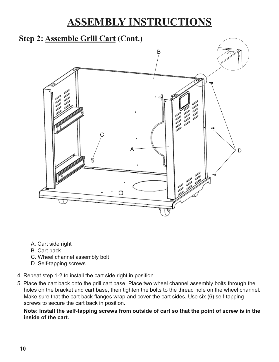 Assembly instructions, Step 2: assemble grill cart (cont.) | Sure Heat 2008 Amana AM33 User Manual | Page 10 / 44