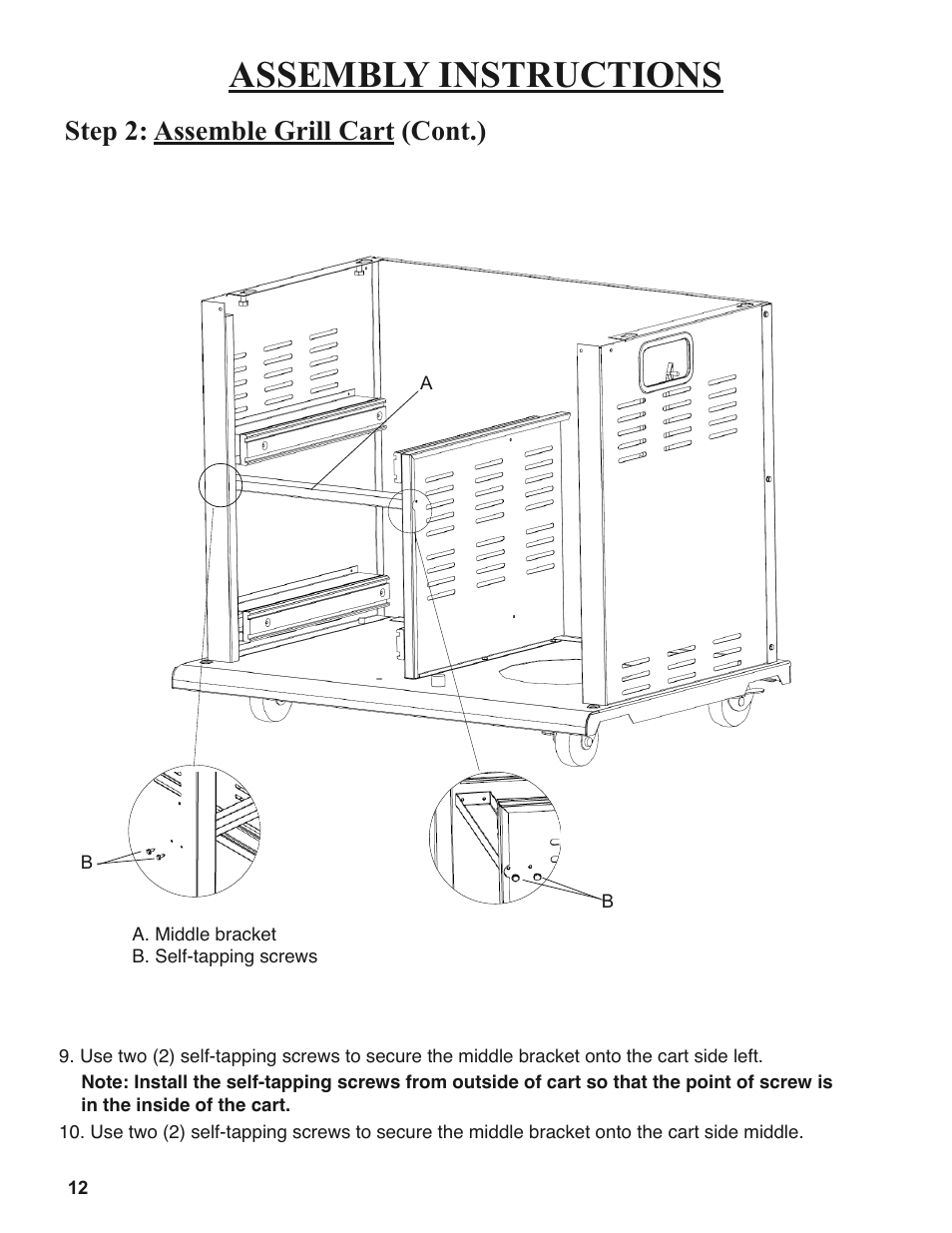 Assembly instructions, Step 2: assemble grill cart (cont.) | Sure Heat 2008 Amana AM33 User Manual | Page 12 / 44