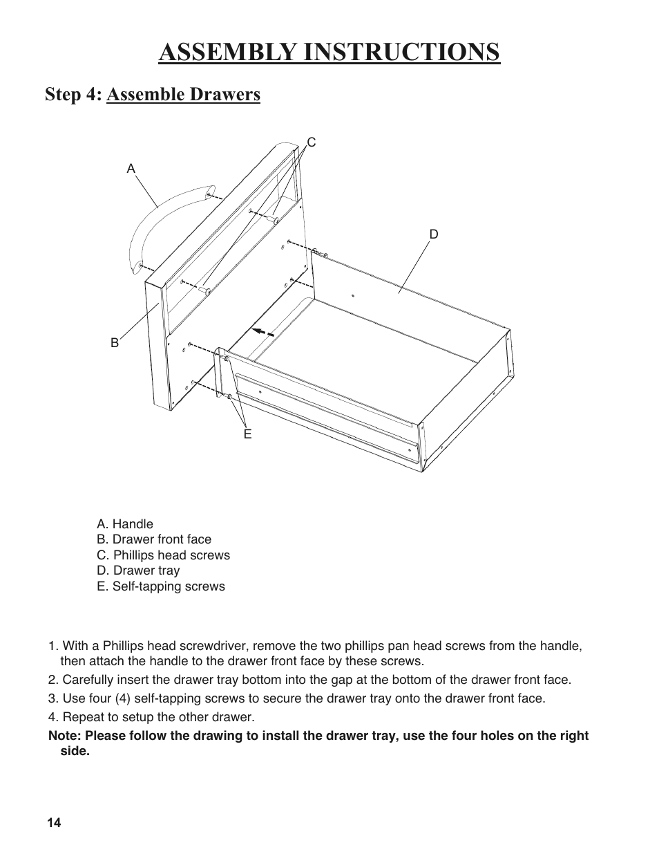 Assembly instructions, Step 4: assemble drawers | Sure Heat 2008 Amana AM33 User Manual | Page 14 / 44