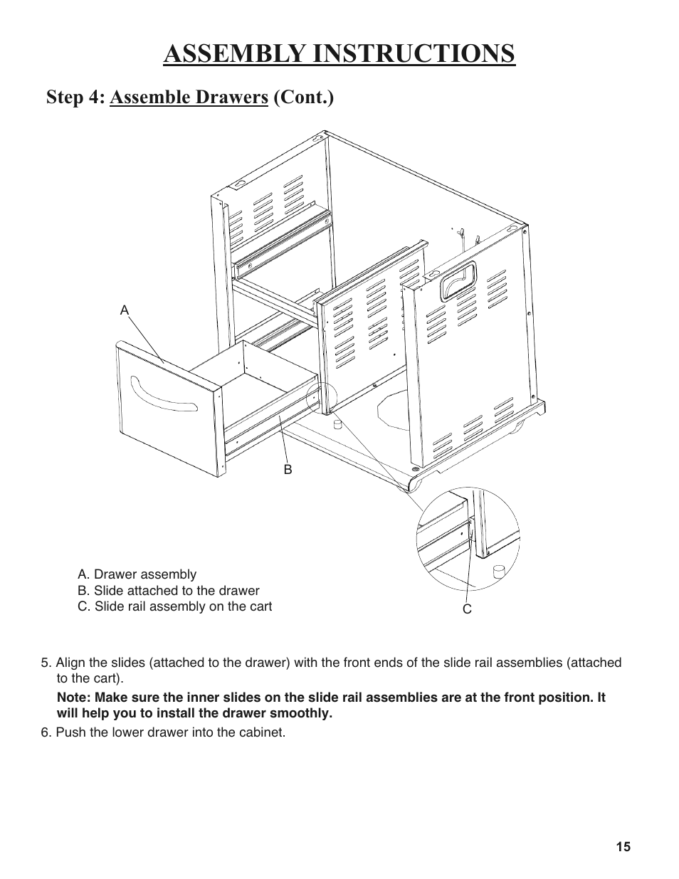 Assembly instructions, Step 4: assemble drawers (cont.) | Sure Heat 2008 Amana AM33 User Manual | Page 15 / 44