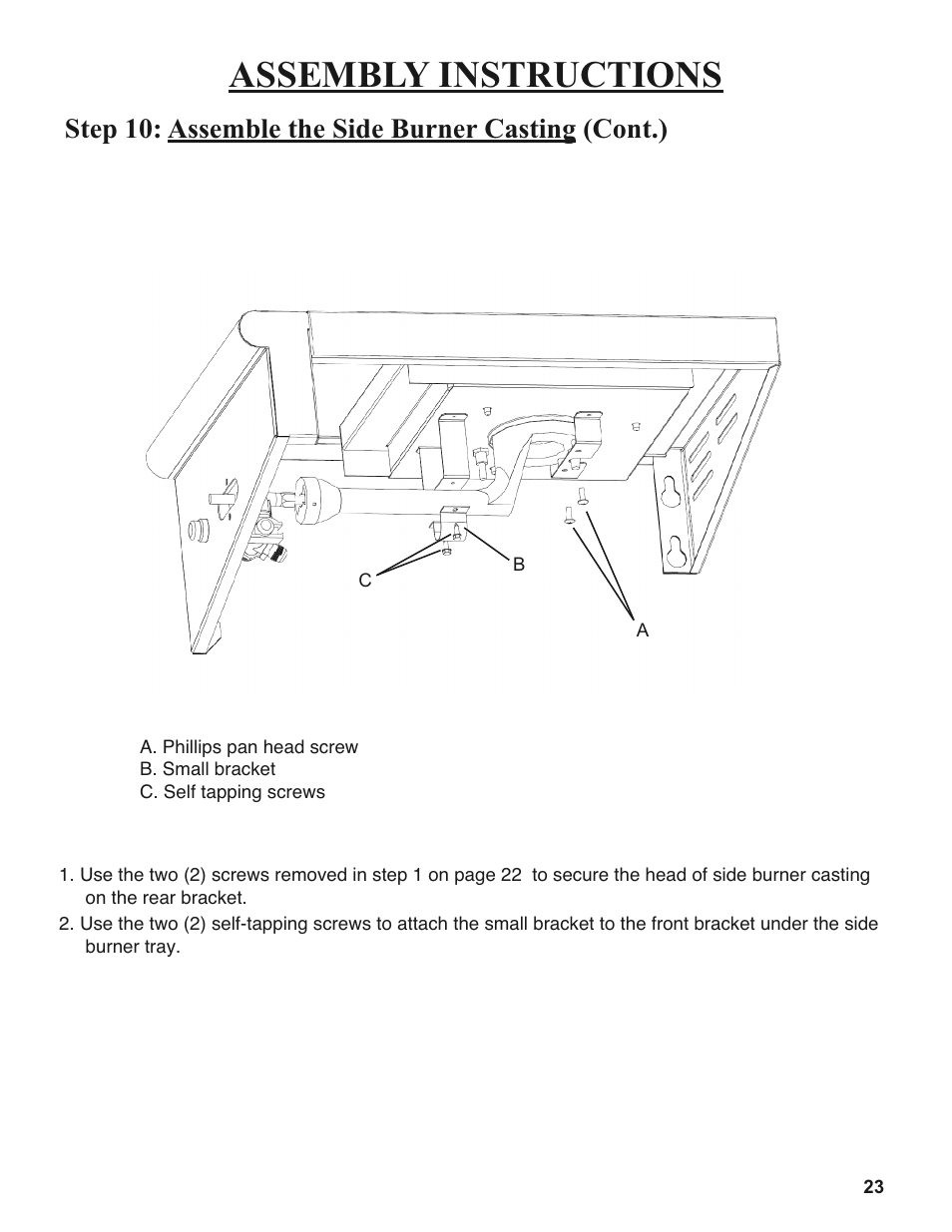 Assembly instructions, Step 10: assemble the side burner casting (cont.) | Sure Heat 2008 Amana AM33 User Manual | Page 23 / 44