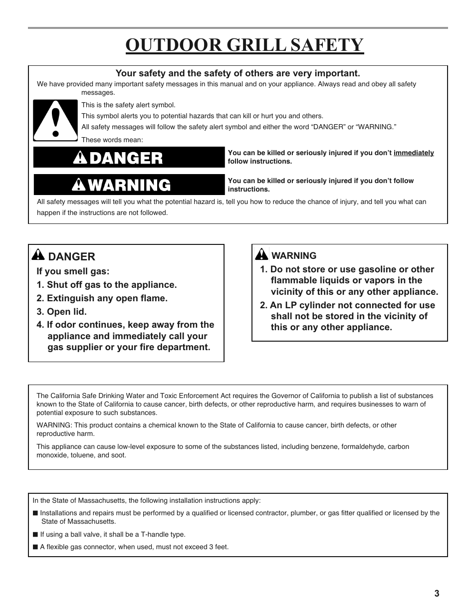 Outdoor grill safety, Danger | Sure Heat 2008 Amana AM33 User Manual | Page 3 / 44