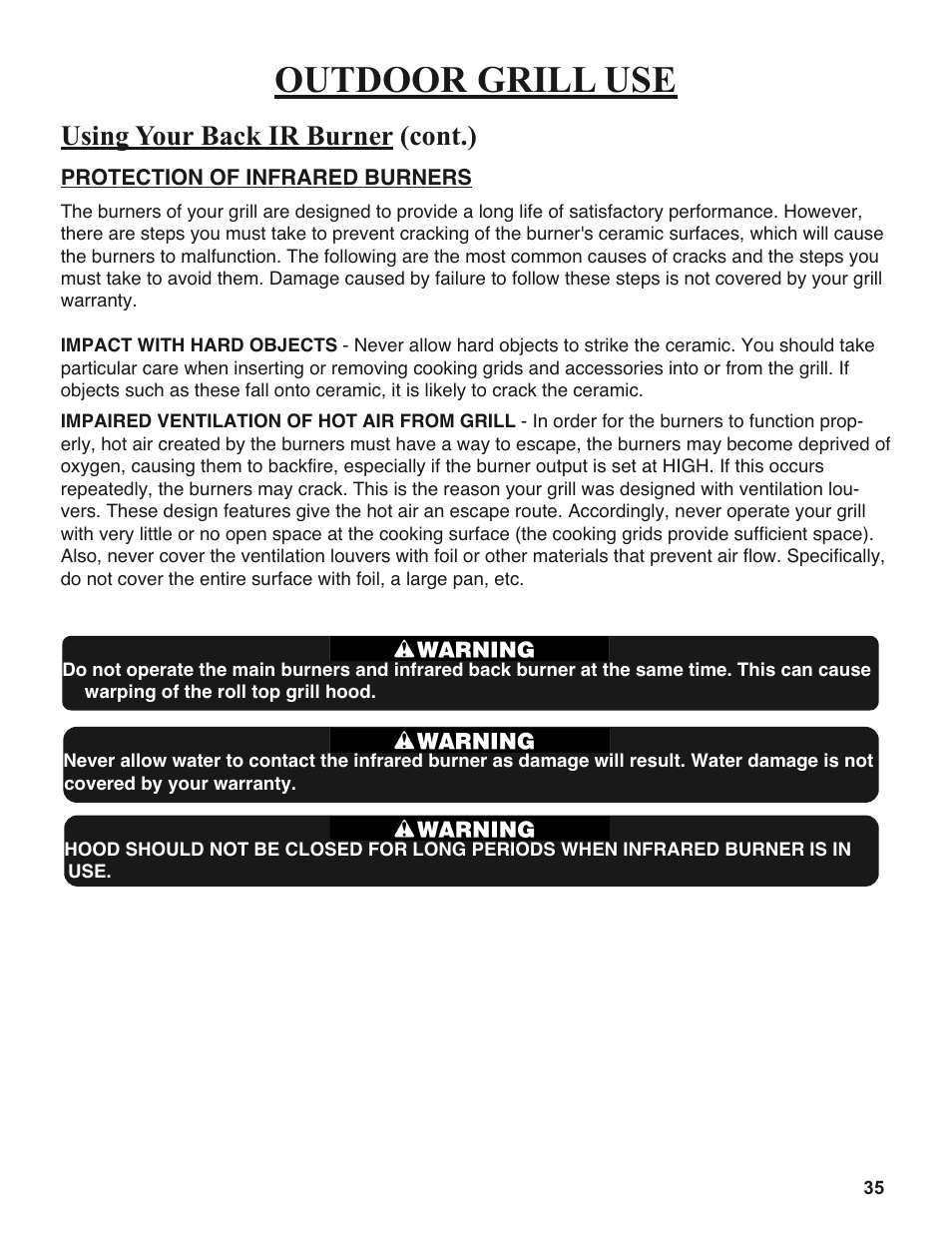 Outdoor grill use, Using your back ir burner (cont.) | Sure Heat 2008 Amana AM33 User Manual | Page 35 / 44