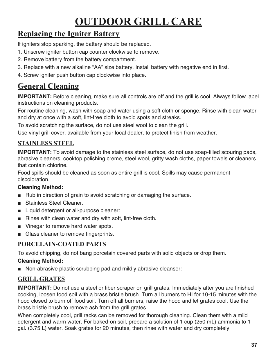 Outdoor grill care, Replacing the igniter battery, General cleaning | Sure Heat 2008 Amana AM33 User Manual | Page 37 / 44