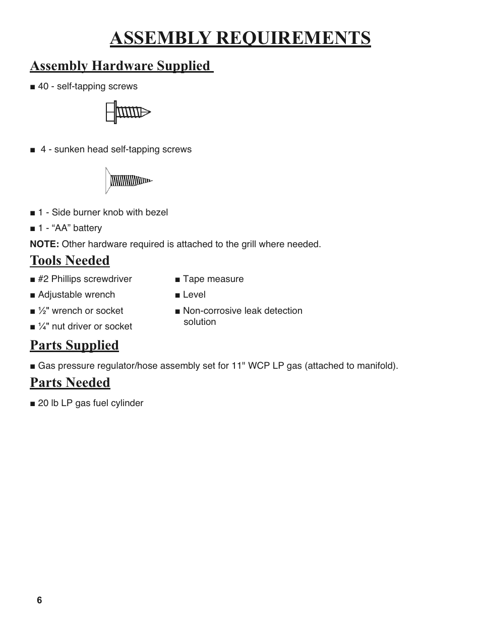 Assembly requirements, Assembly hardware supplied, Tools needed parts supplied | Parts needed | Sure Heat 2008 Amana AM33 User Manual | Page 6 / 44