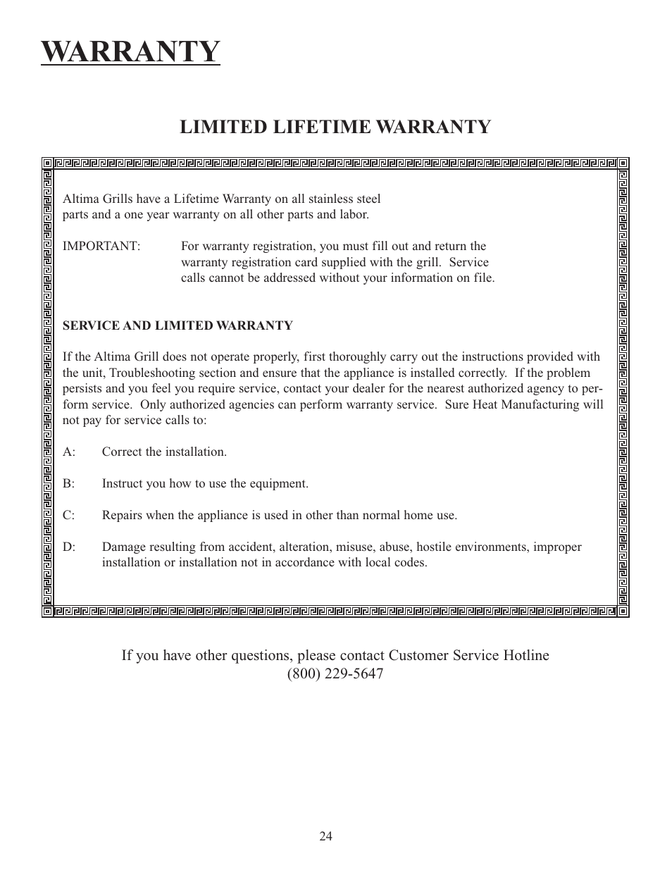 Warranty, Limited lifetime warranty | Sure Heat Altima 30, 38, 48 User Manual | Page 26 / 26