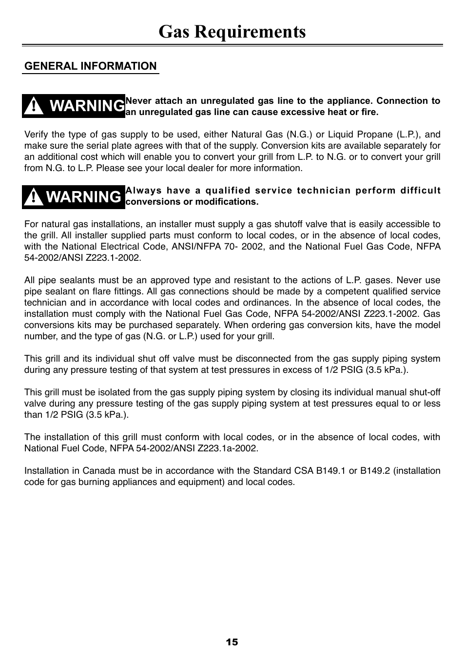 Gas requirements, Warning | Sure Heat 2008 Four Seasons FS38 User Manual | Page 15 / 31