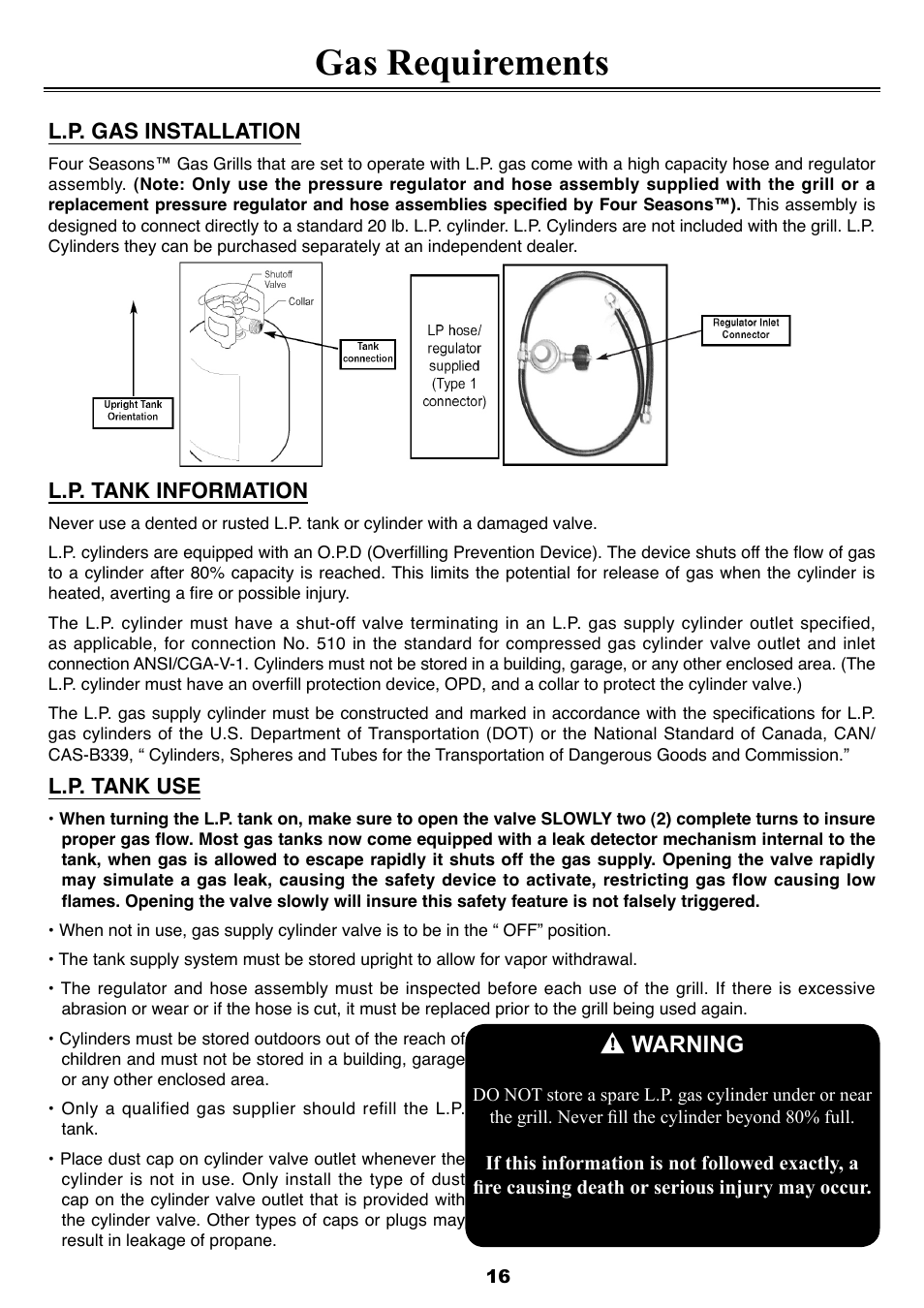 Gas requirements, Warning | Sure Heat 2008 Four Seasons FS38 User Manual | Page 16 / 31